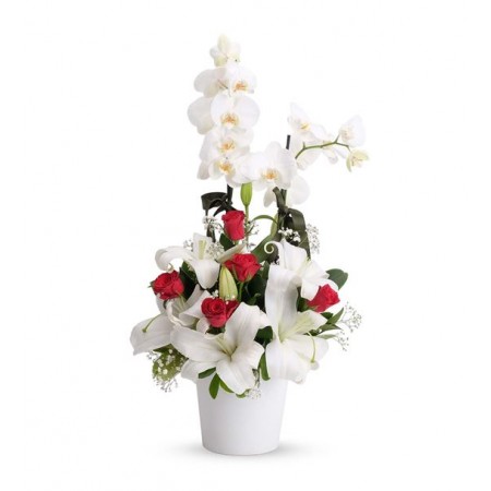 Seramik Vazoda Beyaz Lilyum ve Kırmızı Gül Aranjmanı